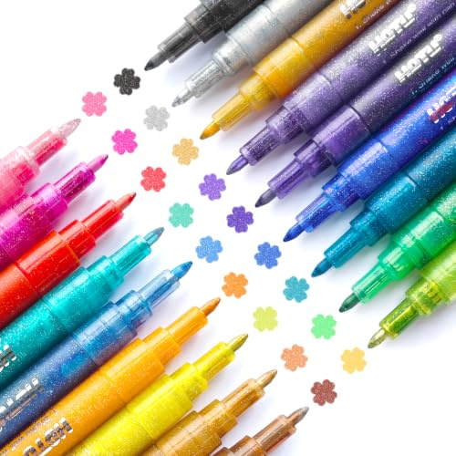 HOTU Glitzer Stifte 18 Farben, Glitzer Filzstifte für Erwachsene, acrylstifte Glitter Gel 0.7mm für Basteln von Steinen, Keramik, Glas, Holz, Stoff, Album, Scrapbooking, DIY Projekte