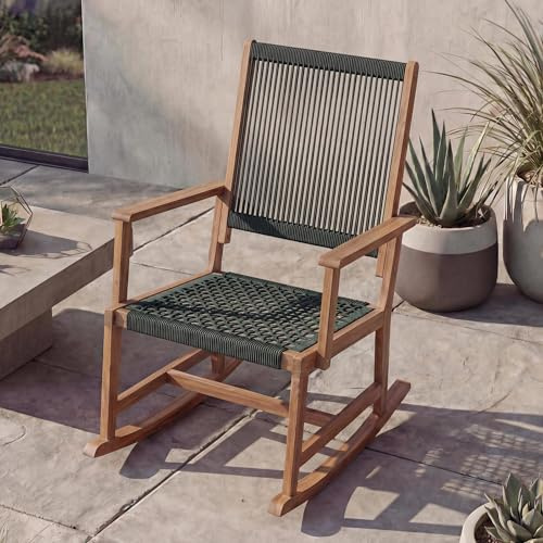 Mendler Schaukelstuhl HWC-P73 Akazie Holz Rope Seilgeflecht - olivgrün | Garten, Outdoor, Wippstuhl, Relaxstuhl, Schaukelliege