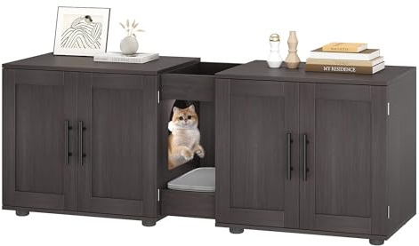 Lidzopas Dual Room Wooden Cat Litter Box Enclosure for 2 Cats - Hidden Cat Washroom Cabinet with Scratching Mat, Storage Cabinet, Waterproof & Easy-Clean Surface, 55 x 17.7 x 22.5, Walnut
