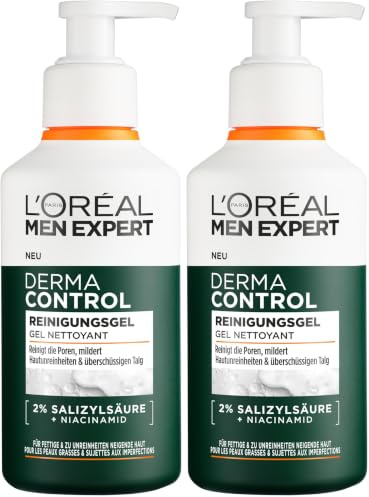 L'Oréal Men Expert Anti-Pickel Gesichtsreinigung für Männer, Waschgel für unreine & zu Akne neigende Haut, Herren Cleanser für das Gesicht mit 2% Salicylsäure & Niacinamide, Derma Control, 1 x 260 ml