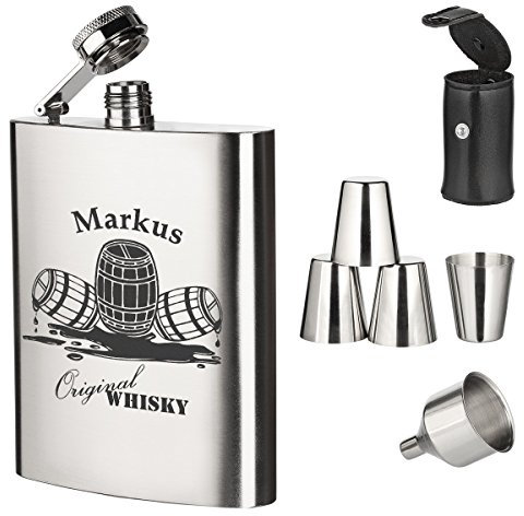 polar-effekt 7-TLG. Edelstahl Flachmann Geschenk-Set mit Personalisierte Gravur - Schnapsflasche 195ml mit Trichter und 4 Becher - Geschenkidee für Männer - Motiv Whiskyfass