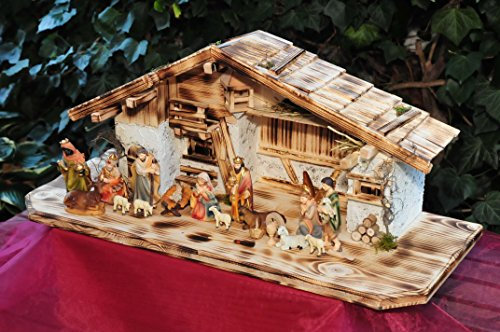 Alpenländische Weihnachts-Krippe,mit PREMIUM-Krippenfiguren mit exakter, detailgetreuer Mimik HANDBEMALT - auf Wunsch* Krippe mit Beleuchtung und Krippen - Lämpchen /