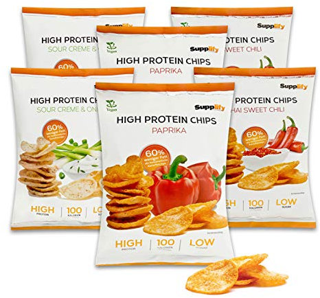 Supplify 6x50g High Protein-Chips Mix-Box in verschiedenen Geschmacksrichtungen (Paprika, Thai Sweet Chili, Sour Cream ´n Onion) - Low Carb Eiweißchips - Proteinchips kalorienarm, Fitness Snack