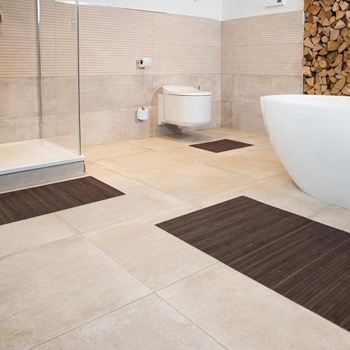 DE-COmmerce Bambus Badematte Lines im 3-er Set, Badteppich, Holzteppich, Bambusmatte, Badezimmer, rutschfest, Farbe: Mocha