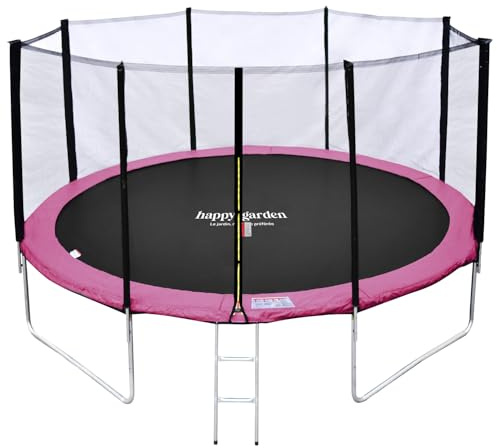 Pack Premium Trampolin wendbar 430 cm rosa und grau Melbourne mit Sicherheitsnetz, Leiter, Abdeckplane und Kit Ankerstange