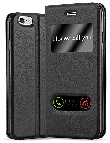 Cadorabo Hülle kompatibel mit Apple iPhone 6 Plus / 6S Plus in KOMETEN SCHWARZ - Schutzhülle mit Magnetverschluss, Standfunktion und 2 Sichtfenstern