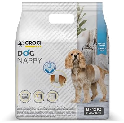 Croci Dog Nappy - Fascia Assorbente per cani maschi, taglia M - Ø 40-50 cm, Mutanda pannolino igienico pipi cane, Antiodore, Usa e getta, Chiusura adesiva regolabile, 12 pz