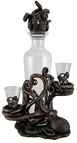 Octopus Spirit Decorative Antique Bronze Finish Statue and Glass Decanter Set