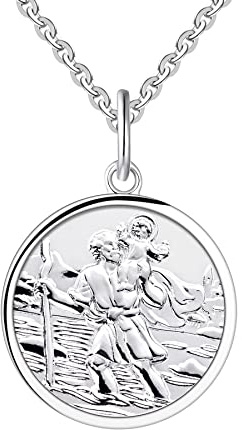 FJ Heiliger Christophorus Kette/Armband 925 Sterling Silber Antiqued Religiöser Beschützer Talisman Schmuck für Herren Damen, Runde/Medaille/Oval/Quadratisch/Medaillon