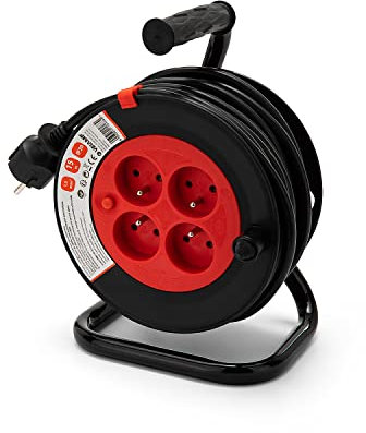 Velamp REEL-FR-15 Rallonge Prolongateur électrique 15 m avec enrouleur 4 Prises 16 A section 3G1,5 mm² + coupe-circuit. Noir et Rouge