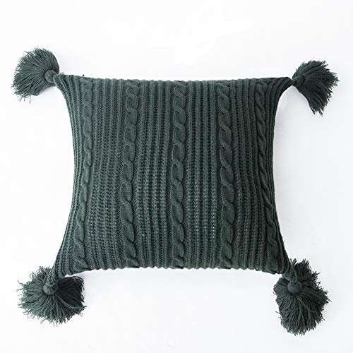 Matty-LZ Acryl Strickfaden Gestrickter Kissenbezug Set mit Quaste, Purer Weicher Dekorativ Sofa Kissenbezug Kissenhülle Kissen Herbst für Sofa Schlafzimmer Grün 45x45cm