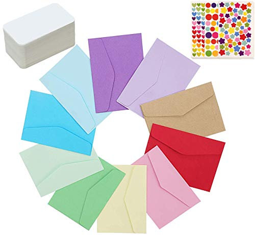 LCOUACEO Mini Umschläge mit Karten, 72 Stück Briefumschläge Bunt, 100 Stück Weiße Leere Karten und 18 Blatt Aufkleber, für Hochzeit Geburtstag Party Geschenk