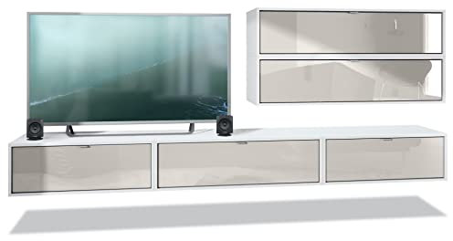 Vladon Wohnwand Lana V2 Anbauwand aus 5 Hängeelementen mit 12 Fächern, Made in Germany, Korpus in Weiß matt, Fronten in Sandgrau Hochglanz | Große Farbauswahl