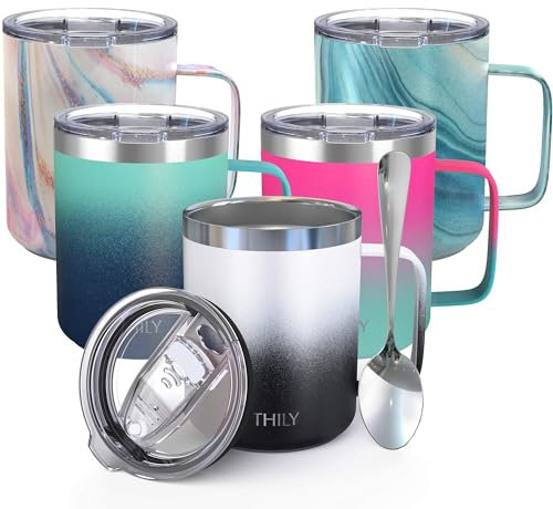 THILY Stainless Steel Insulated Travel Mug 350 ml Vacuum Insulated Coffee Cup with Handle, Spill-Proof Lid, Keep Coffee Cold or Hot, Ombre: Black & White
