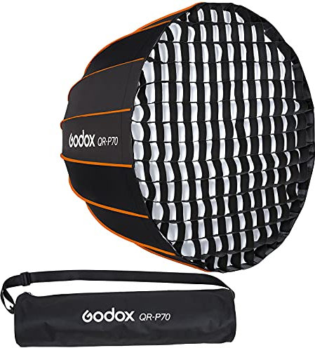 Godox QR-P70 70CM Tragbar Schnell Schnelle Installation Tiefe Parabolische Softbox,mit Front- und Innendiffusor für Godox SL-60W VL150 VL300 UL150 SL150WII SL200WII SZ150R SZ200BI (mit Stoffgitter)