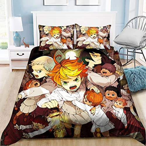 Zhongkaihua Kinder Aniem The Promised Neverland Bettbezug-Set, 3D-gedruckt, Norman Emma Bettwäsche-Set mit Reißverschluss, 3-teiliges Bettbezug, weich, warm, Einzel-, Doppel- und King-Size-Steppdecke