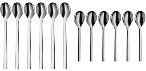 WMF Nuova Latte Macchiato Löffel Set 6-teilig Lange Löffel 19 cm & Nuova Tee-/ Kaffeelöffel Set 6-teilig 13,5 cm, Cromargan Edelstahl poliert, glänzend, spülmaschinengeeignet