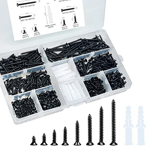 Kit viti autofilettanti a testa piatta M3, viti per legno in acciaio al carbonio, testa piatta Phillips, contiene 20 tasselli M6, viti fai da te e falegnameria, set da 400 pezzi
