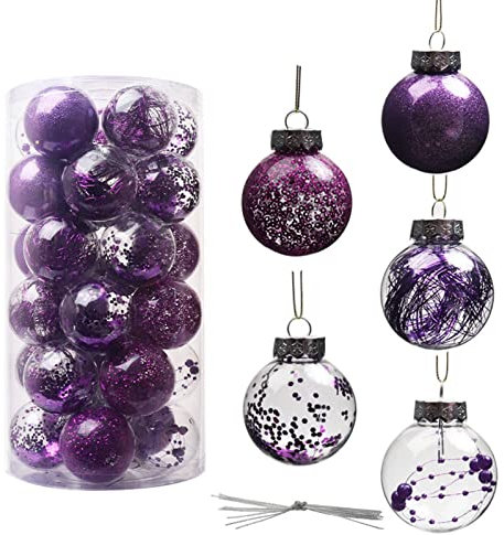 Purple Christmas Baubles - 30pcs Shatterproof Clear Glitter Tree Hanging Balls - Xmas Tree Decorations