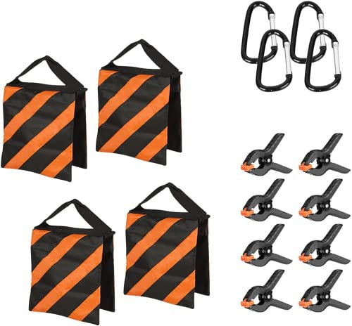 4 Packs Heavy Duty Sandbag, Photography Weights Saddlebag Sand Bag for Photo Video Studio Stand, Light Stand, Backyard Outdoor Patio Sports, Boom Arms Tripods with 8 Packs Spring Clamps