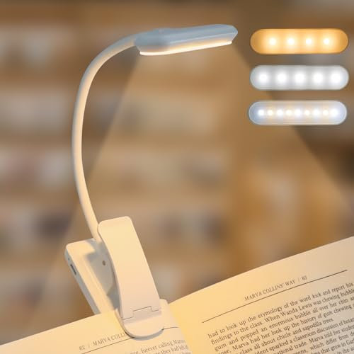 Weiß Leselampe Buch Klemme, USB Wiederaufladbare Buchlampe mit 9 LEDs, 3 Farbtemperatur Modi(Warm/Kühl/Natürlich), Stufenlose Helligkeit Klemmlampe, 1.8W, für Nachtlesen ins Bett, Computer