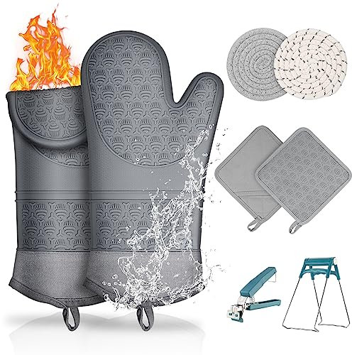 YBQZ Ofenhandschuhe, Topfhandschuhe Hitzebeständig 300°C Mitts 8er Set,Anti-Rutsch Backhandschuhe 2 Waschbarer 1 Paar Topflappen Kochhandschuhe aus Baumwolle Grau Grillhandschuhe für Kochen Backen BBQ