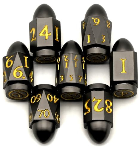 DND Würfelset for Dungeons and Dragons, ZHOORQI Bullet Metall Würfel, D&D Polyedrische Würfel Set für Rollenspiele, The DND Dice Set for Table Games(7-Black Gold)