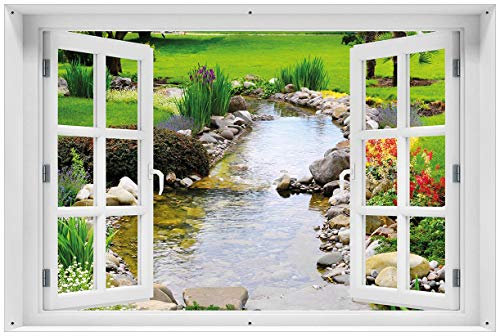 Wallario Outdoor-Poster für Garten oder Balkon Blumen am Teich, Motivbanner Größe: ca. 60 x 90 cm mit Fenster-Illusion