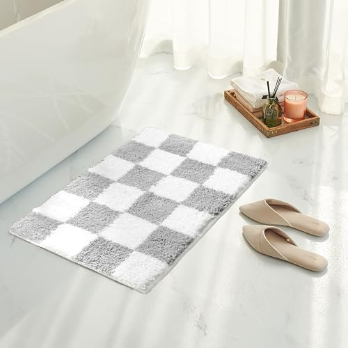 Tititex Luxuriöser Badezimmerteppich, grau-weiß kariert, 40,6 x 61 cm, klassisches Schachbrett, extra weich und saugfähig, Mikrofaser, rutschfester Plüsch-Badteppich für Badezimmerboden