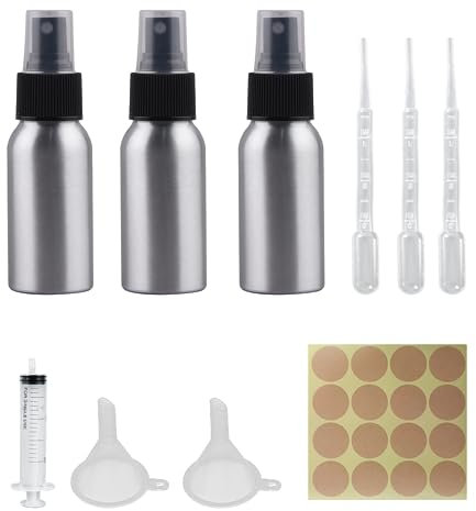 ATBUSS 3 botellas pulverizadoras de 50 ml con 1 etiqueta adhesiva, 2 embudos, 1 jeringa, 3 goteros, mini botella de spray, atomizador de aleación de aluminio, botella dispensadora de viaje,