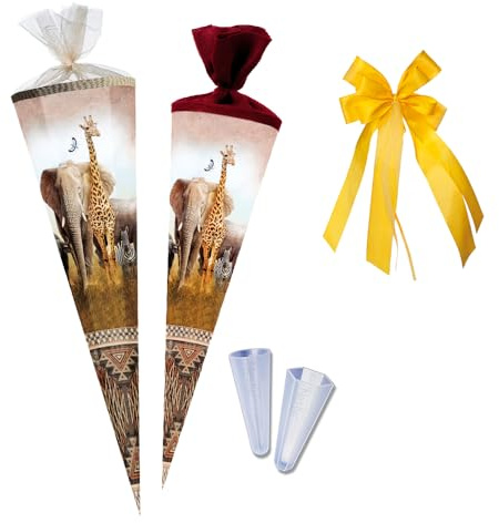 Nestler Schultüten-Set zum Befüllen, Handgemachte Zuckertüte aus Karton - Motiv Safari, Schultüte, Spitzenschutz, Schleife (85 cm 6-eckig)