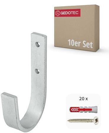 Gedotec Supporto a parete - ganci universali in acciaio zincato | 10 pezzi curvi 30 x 90 mm |Con materiale di fissaggio | ganci multiuso in metallo