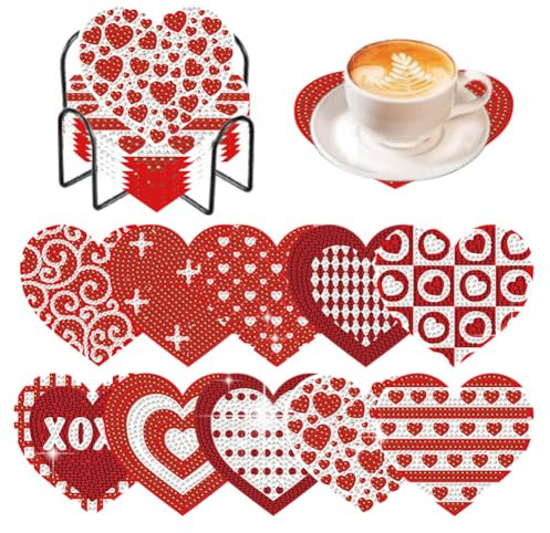 ENCOMAG 10-teiliges Diamant-Malerei-Set mit Halter – DIY Liebe Herz Sukkulenten Diamant Kunst Untersetzer Kits Kunst Handwerk Zubehör für Couchtisch Bar Tassen Glas Tasse Bier
