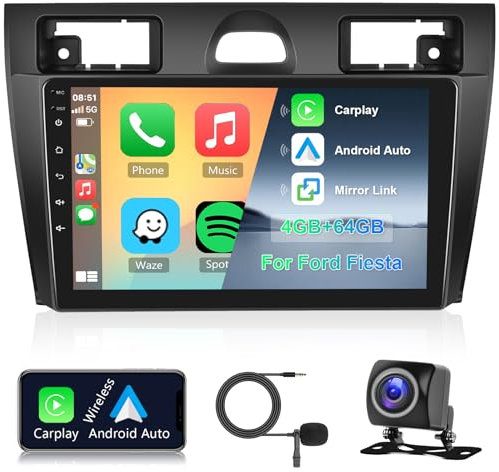 Hodozzy 4G+64G Autoradio für Ford Fiesta 2006-2011 Android 8 Core 9 Zoll IPS Touchscreen Bildschirm GPS Navi mit Carplay Android Auto Mirror Link 2 DIN Autoradio Bluetooth DSP WiFi RDS Kamera