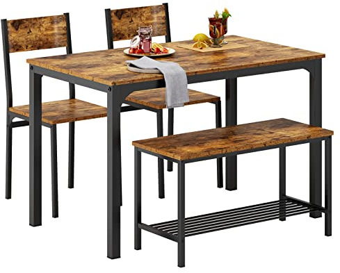 SogesPower Conjunto de Mesa y Sillas de Comedor, con 1 Mesa, 2 Sillas y 1 Banco, Juego de Mesa de Comedor para 4 Personas, Adecuado para Cocina, Comedor, Vintage