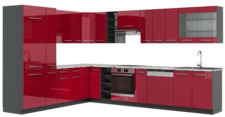 Vicco Eckküche Fame-Line, Bordeaux Hochglanz/Anthrazit, 347 x 257 cm mit Arbeitsplatte
