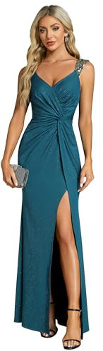 Ever-Pretty Vestito da Cerimonia Maxi Lungo Donna Elegante Senza Schienale Vestito da Cocktail Slim Vita Alta Abito da Sera Donna Vestito Donna Sexy Senza Manica Teal 52