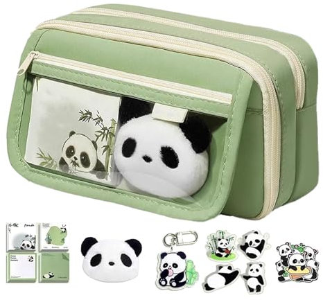 Niedliche Panda Federtasche, Multi-Layer Große Kapazität Panda Pencil Pouch, Panda Schreibwaren Fall Mit Reißverschluss Für Die Schule Arbeit, Panda Pen Tasche Mit Aufklebern Panda Brosche Schlüssela