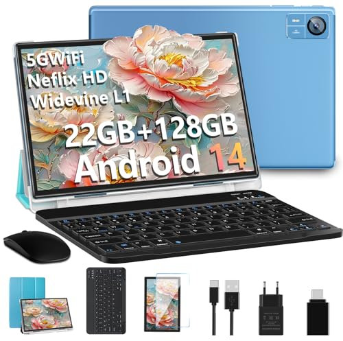 Tablets Android 14 10 Pollici 22GB RAM+128GB ROM(1TB TF), Octa-Core 2.0Ghz, 5G+2.4G WiFi, Bluetooth 5.0, GPS, 8MP + 5MP,Widevine L1, Tipo C, OTG, Cast, Tablet PC con Custodia, Tastiera e Mouse, Blu