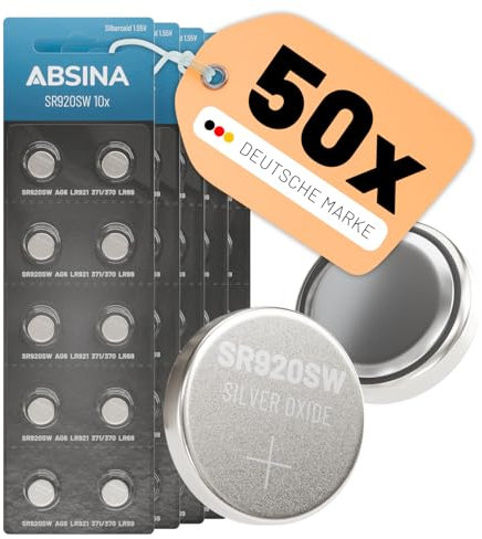 ABSINA 50x Pilas SR920SW para Relojes 1,55V óxido de Plata - Pila Reloj SR920SW a Prueba de Fugas y de Larga duración - Pila 371 / LR921 /370 / LR69 / AG6 - Pilas para Reloj