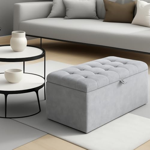 Cubed Plush Velvet Tufted Buttoned Ottoman Storage Box Large Medium Black Silver Grey Blue Trunk box Footstool (White, Medium)