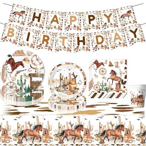 Zempertoopa Ensemble de vaisselle pour fête d'anniversaire - Chevaux - Ensemble de vaisselle pour fête à thème cheval - Décoration pour anniversaire d'enfant - Ensemble de vaisselle pour fête de