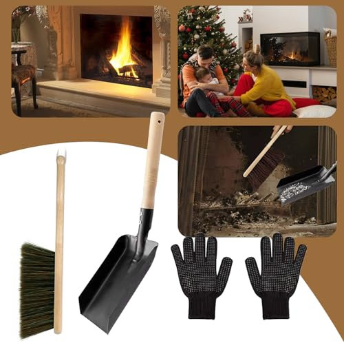 GDWD Kamin Zubehör Werkzeugset, 3er Set Kamine Schaufel, Handbesen und Handschuhe, Asche Schaufel und Handfeger mit Schwarz Silikonhandschuhen Kehrgarnitur für Feuerstelle, Holzofen