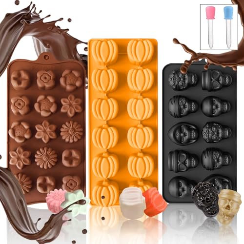 Gyipe Schokoladenform Silikon, 3 Stück Skull und Kürbis Pralinenform Silikon Mit 2 Tropfer, Antihaftbeschichtung Silikonform Schokolade TiefFür Halloween Ostern Schokolade Praline Süßigkeiten