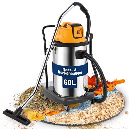 2mGoods 1500W industriestaubsauger 60L Orange, beutellos mit waschbarem Baumwollfilter gegen Feinstaub, Nass-Trockensauger mit Kupfer-Doppelmotor & CoolAir-Technologie