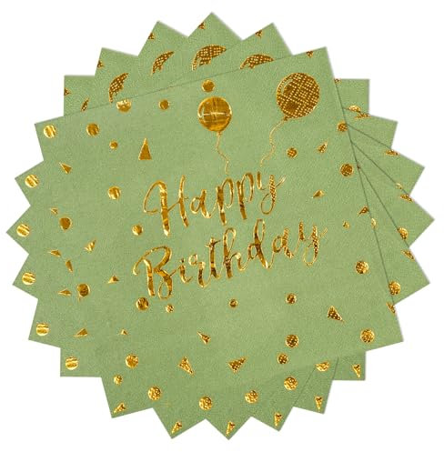 40 Stück Happy Birthday Salbei Grün und Gold Geburtstag Servietten,33x33cm Papier Party Servietten,für Junge Mädchen Geburtstag Party Deko