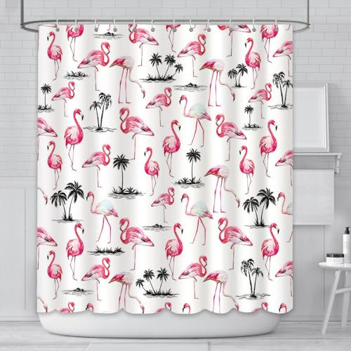 AIBIIN Rideau de douche flamant rose 180 x 180 cm - Rideau de bain en polyester durable avec 12 crochets - Motif palmier tropical rose