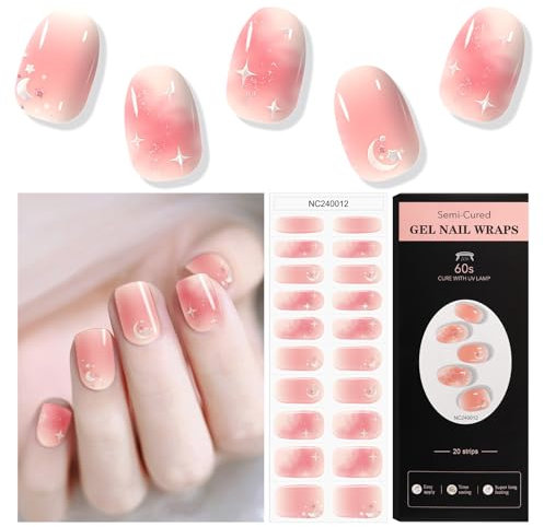 EBANKU Semi Cured Gel Nail Strips, 20PCS Long Lasting Gel Nail Stickers - Easy to Apply & Remove - Pink Moon Star