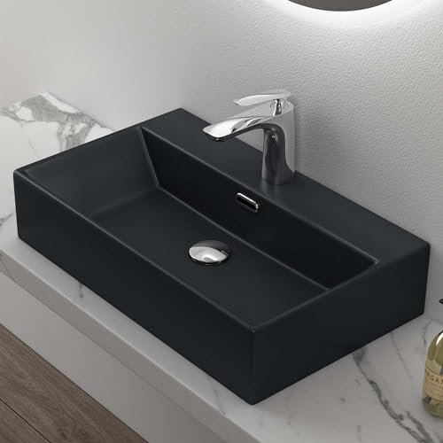 Mai & Mai Vasque à Poser 60x36x13cm Lavabo en Céramique Noir Mat Rectangulaire avec Nano-Revêtement BR206