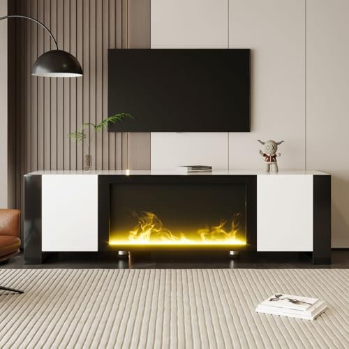 entapuk Meuble TV, 165l*55 H*32bcm - Meuble Bas avec Cheminée Électrique Effet Flamme, Banc TV avec Rangement pour Téléviseur 65, sans Fonction De Chauffage, Brillant